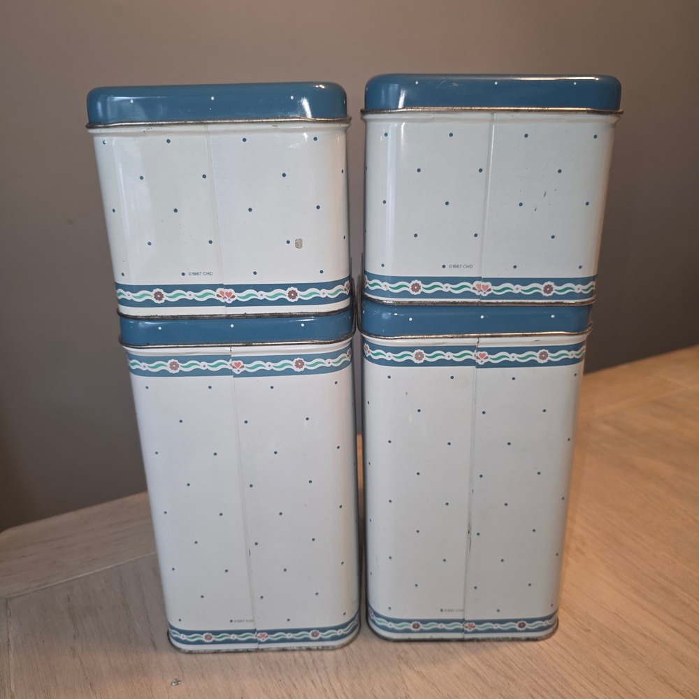Vintage 1987 Cheinco Country Goose Metal Canister Set 4 Piece Blue White Tins - Picture 7 of 9